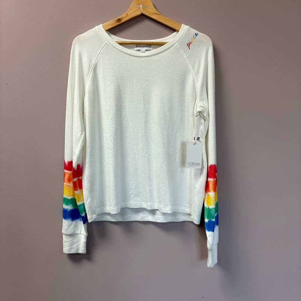 P.J. Salvage Peace&Love/Pride Cream Long Sleeve Top with Rainbow Sleeves